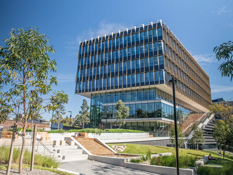 Susan Wakil Health Building exterior with landscaped terraces and steps