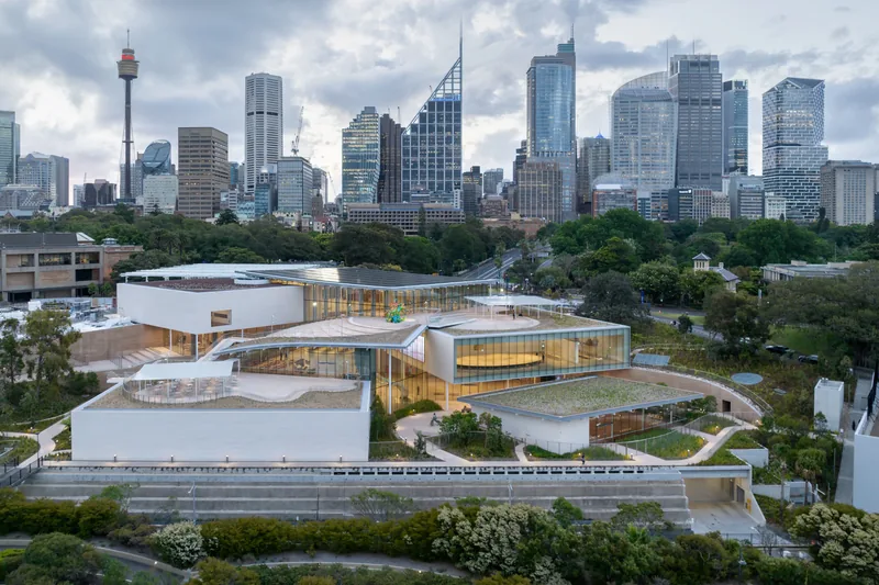 Sydney Modern, Art Gallery of NSW extension, with landscaped roofs and the Sydney skyline beyond